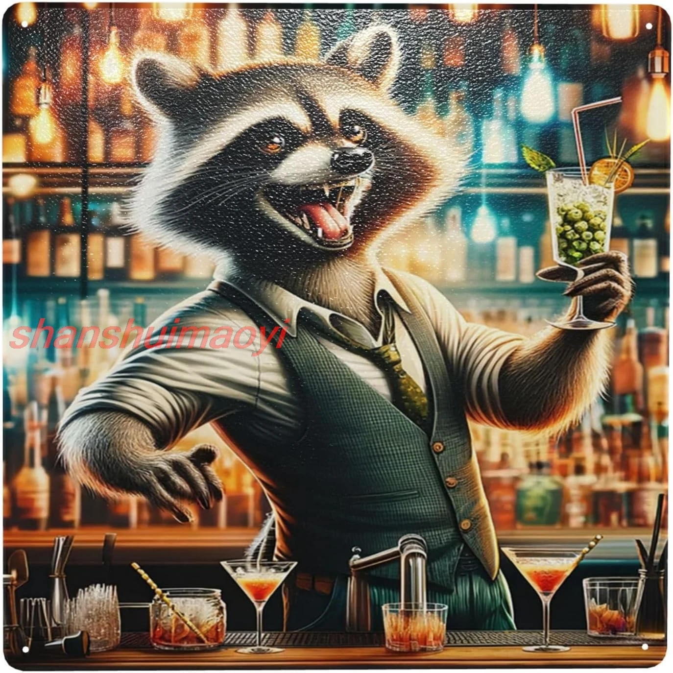 Raccoon Mixologist Metal Tin Sign Wall Art For Home Bar,Pub Decor,Retro Cocktail Lounge Wall Pediment,Tinplate Bar Scene,Gi 7855