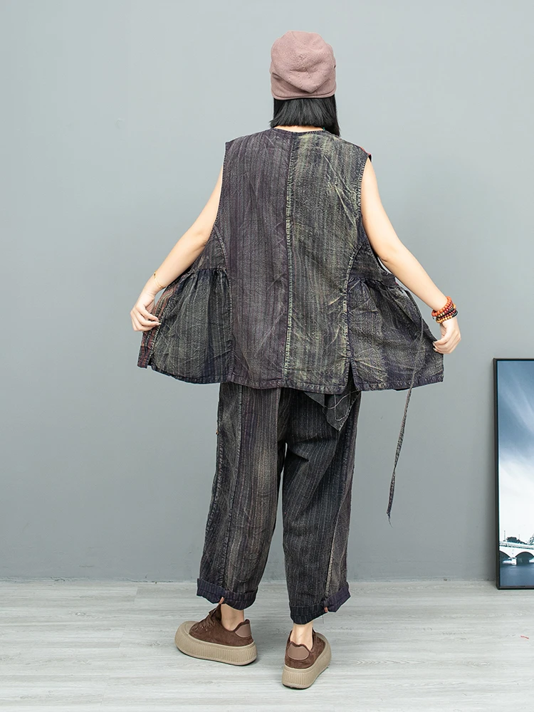 Heavy Industry Hand Embroidered Pant Set Old Cloth Cardigan Vest + Cropped Pants Two-piece Set Women 2024 Autumn Loose LX2230
