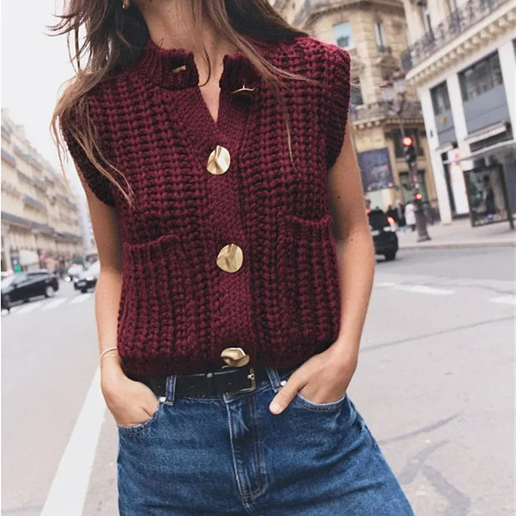 Cozy Knit Cardigan Vest for Women Gold Button Patch Pocket Chunky Knitwear Cardigans Open Front Spring Summer