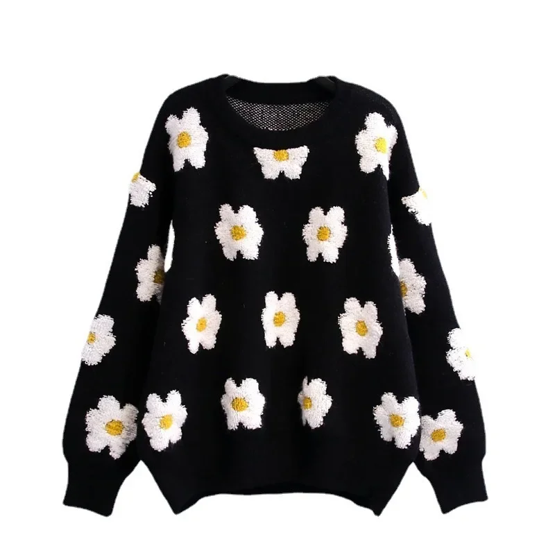 Little Daisy o-collo maglione donna Jacquard autunno inverno semplice Pullover lavorato a maglia maglione elastico Casual spesso allentato caldo Y2k