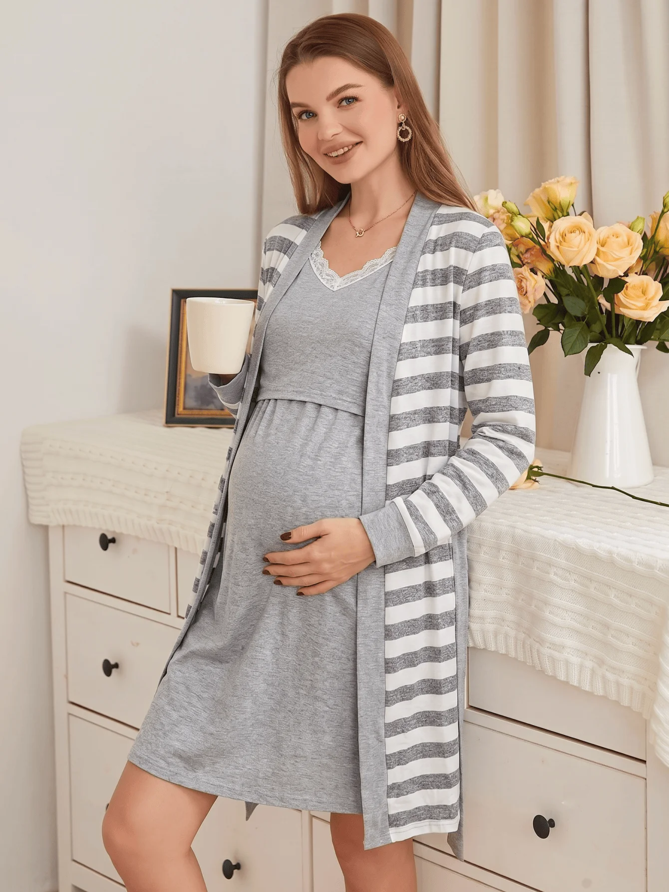 2-piece set, pregnant women, nursing long-sleeved pajamas set, autumn and winter loungewear, nursing nightgown, maternity clothes.