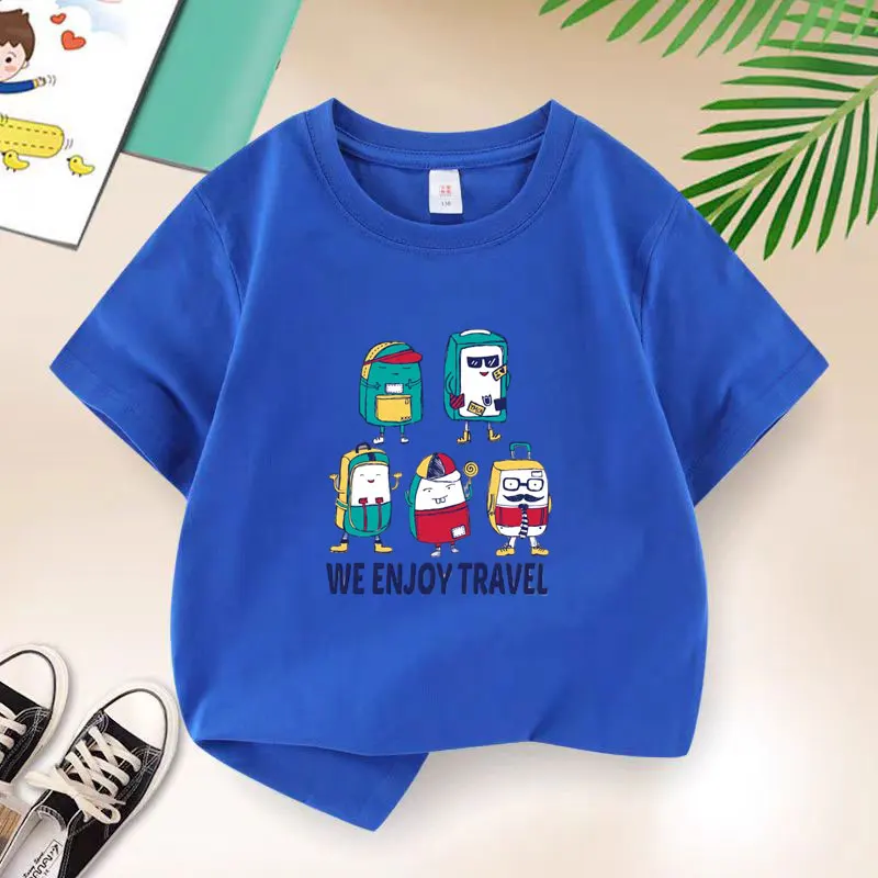 Backpack Family Graphic Print Baby Boys T-shirt Cotton Blue Tops Tee 2025 Summer Kawaii Kids T Shirt Teen 6 8 10 12 Years