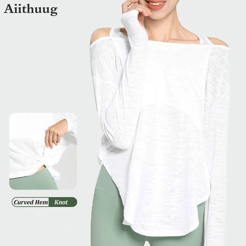 

Aiithuug Loose Fit Two-piece Thumbholes Yoga Top Women's Soft Breathable Long Sleeved Shirts Quick Drying Fitness Yoga Cover-up