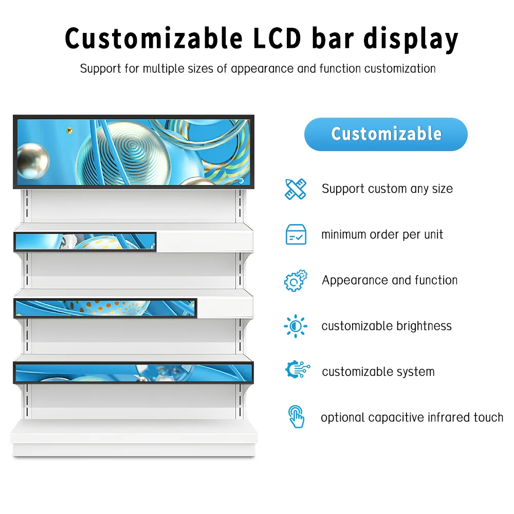 24 Inch Ultra Wide High-resolution Stretched Bar Type LCD Advertising Display For Supermarket Shelf Retail