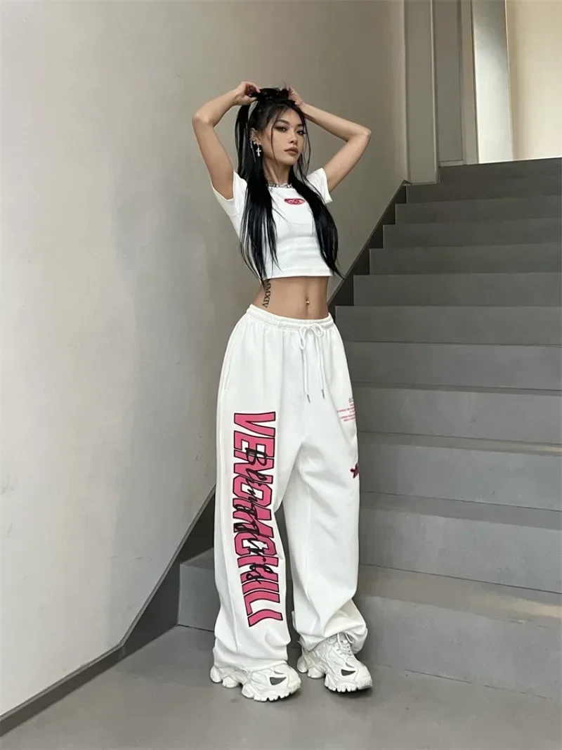 Pantalones de chándal blancos para mujer, ropa de calle coreana Y2K, pantalones deportivos Harajuku, pantalones de pierna ancha con letras de Hip