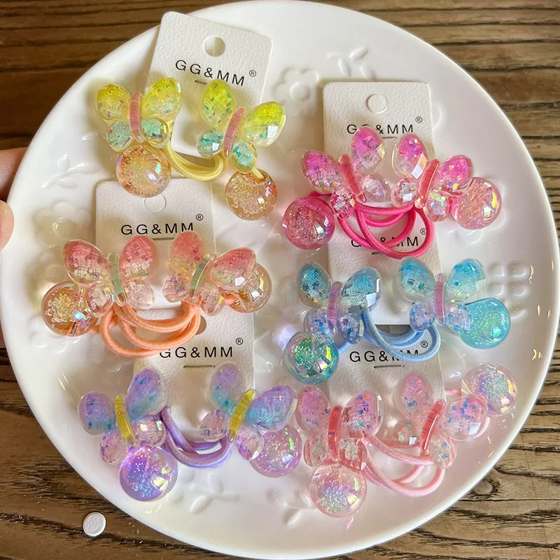 2pcs/lot Cartoon Butterfly Lovely Girls Kids Elastic Hair Bands Princess Hair Accessories Children Hair Ties Baby Headwear image 4