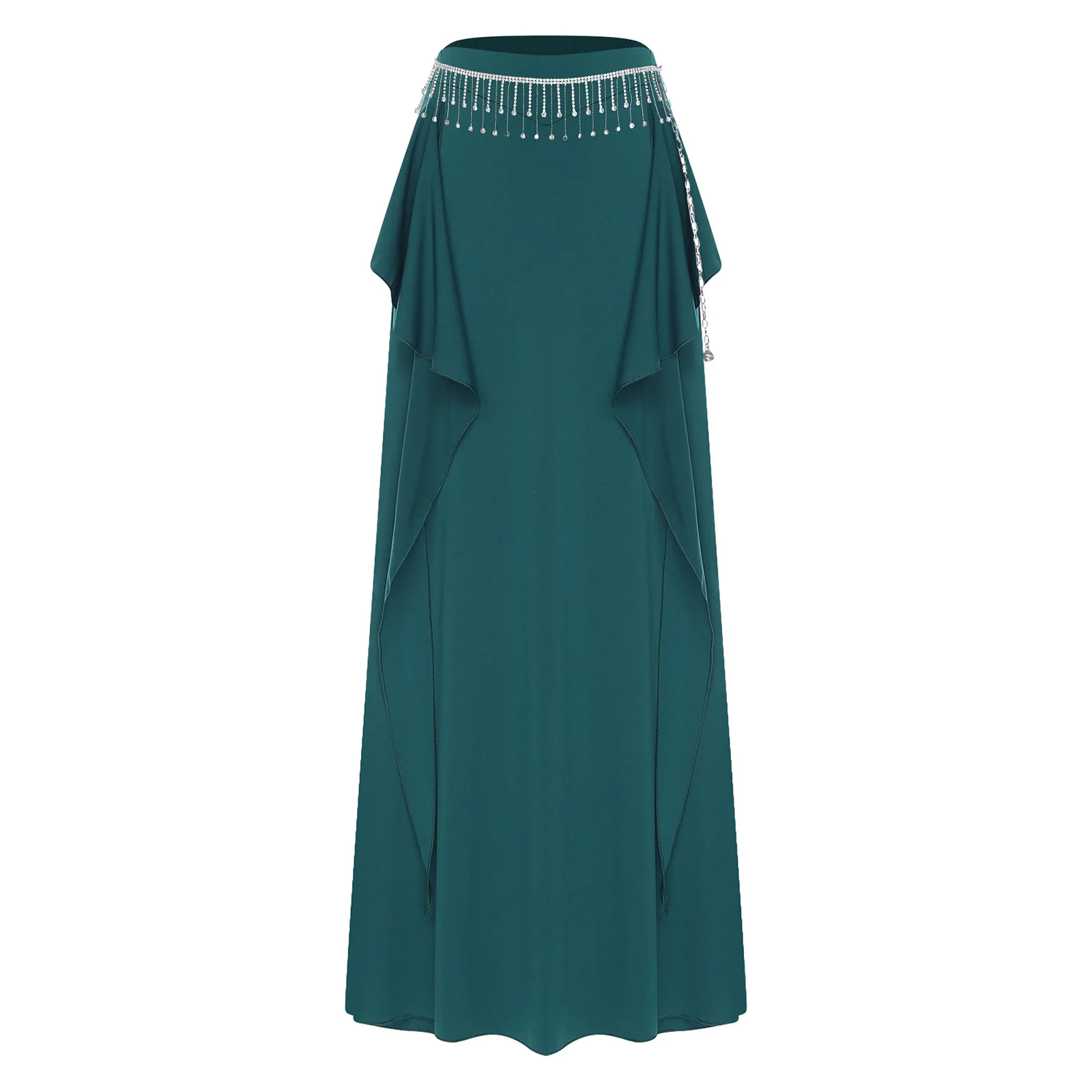 

Womens Belly Dance Skirt Rhinestone Fringe Waist Chain Cascading Ruffles Side Slit Maxi Skirts for Oriental Dance Folk Dancewear