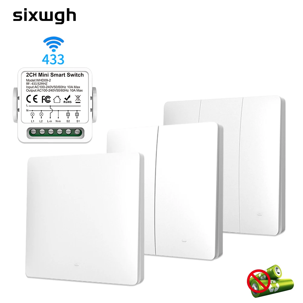 

Умный домашний декоративный элемент Sixwgh: 2-канальный водонепроницаемый выключатель с дистанционным управлением 433 МГц, версия с автономным питанием