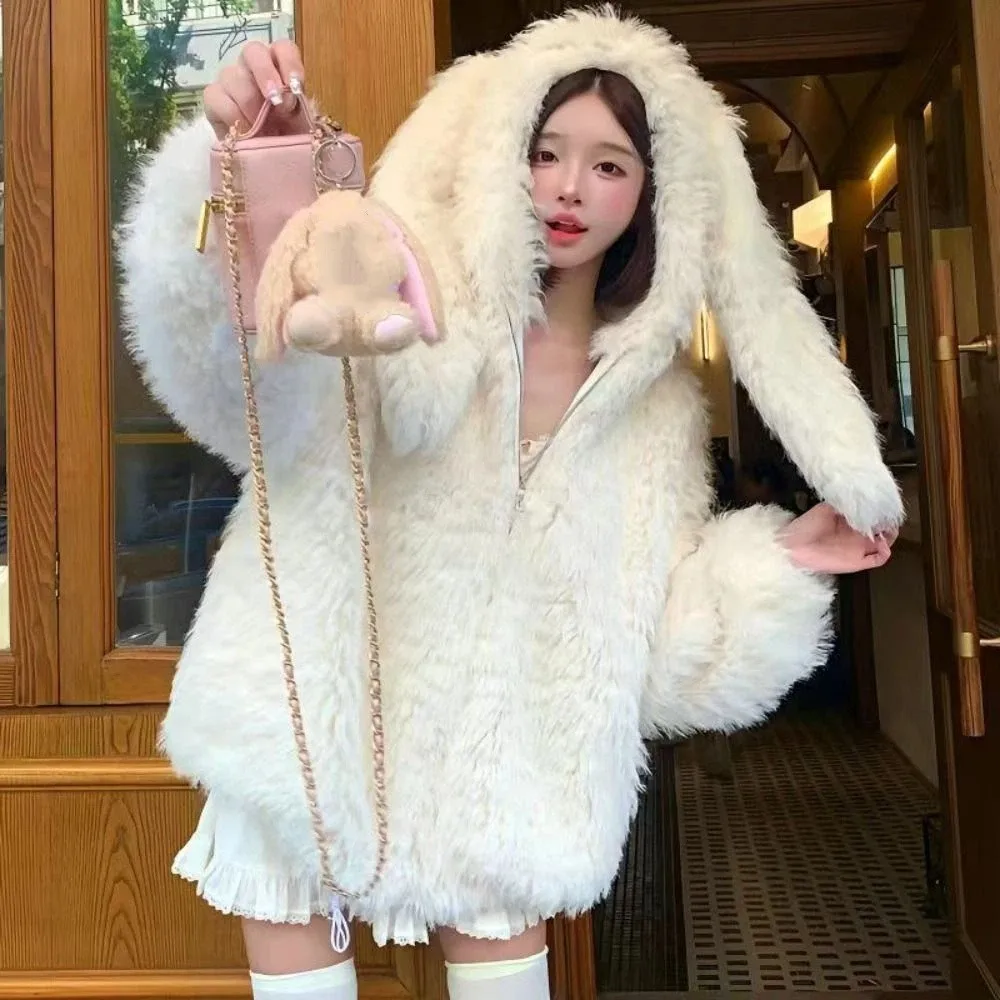 

Loose Long Sleeve Imitation Lamb Wool Hoodie Thick Warm Winter Autumn Rabbit Ear Hoodie Kawaii Ladies Top Coats Streetwear