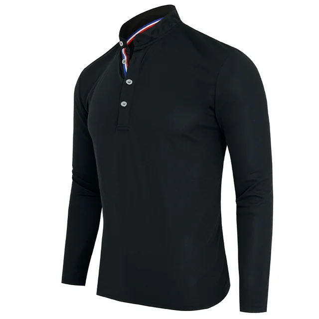 Męska koszulka polo - wiosna i jesień Casual Business Buckle Henry Collar Długi rękaw, wygodny styl, oddychający
