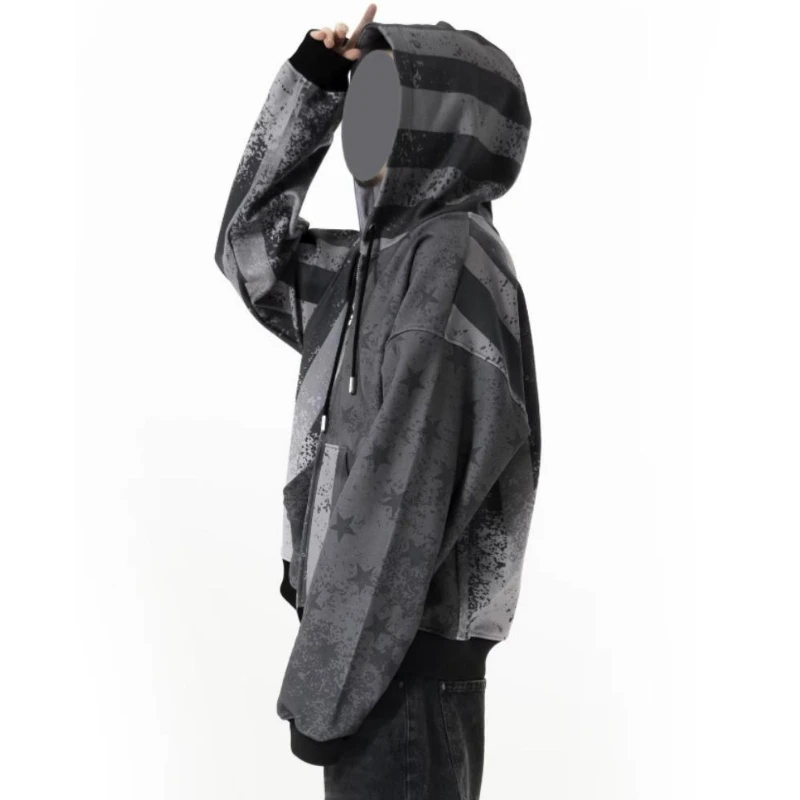 Il nuovo stile invernale 2025 della felpa con cappuccio con stampa bandiera americana con giacca con cappuccio da uomo e da donna ampia e sfumata invecchiata