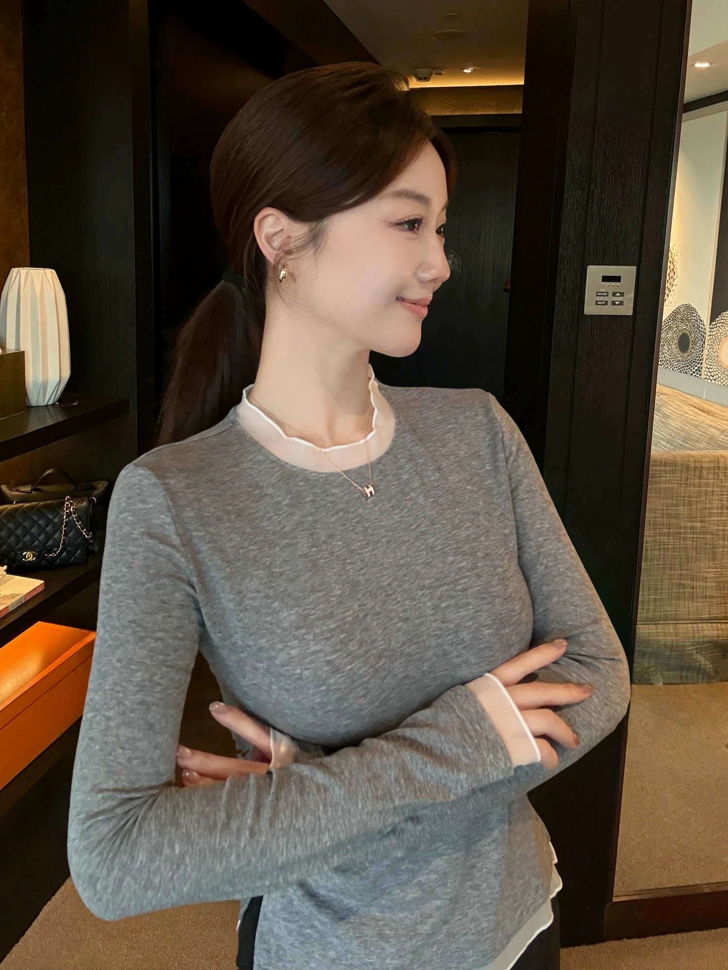 

Женская трикотажная базовая футболка Cao Daman Gentle Ogees из смесовой шерсти с длинным рукавом, повседневная, с дизайнерскими вставками