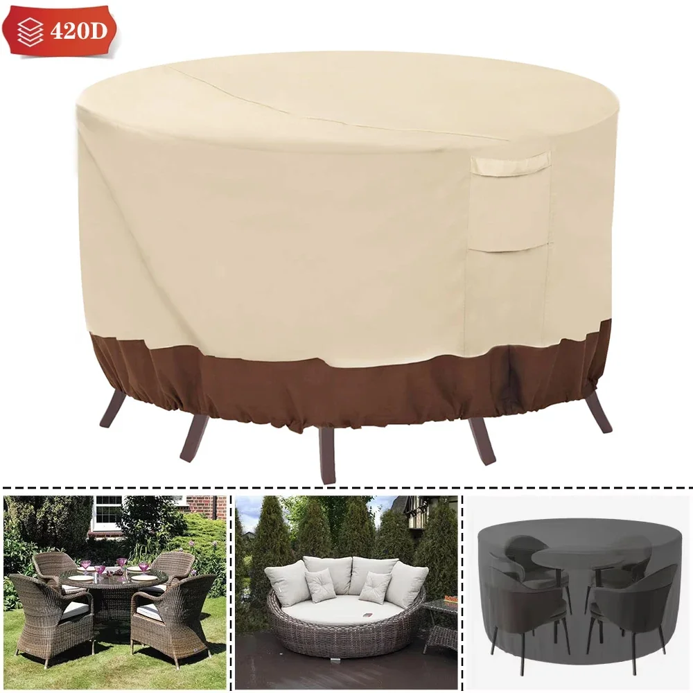

420D Heavy Duty Round Patio Table Cover Outdoor Dining & Coffee Table Cover For Chair-Waterproof & Weather Resistant Anti UV