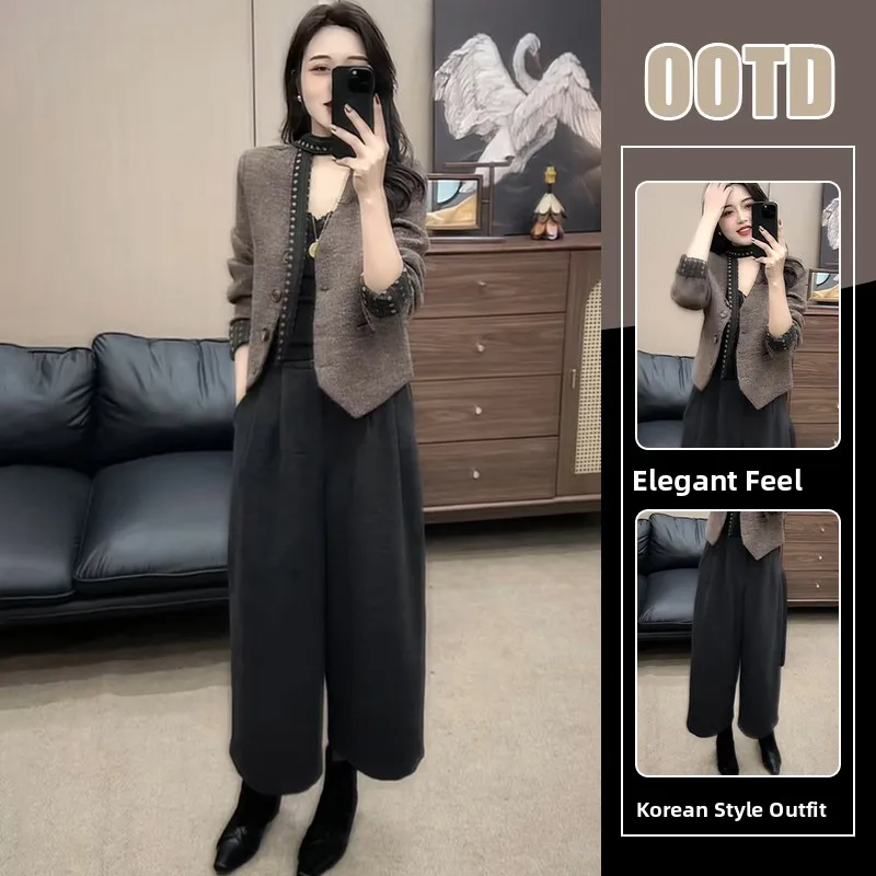 

Fashionable Hong Kong Style High Waist Long Sleeve Autumn Winter Set Unique Elegant Two Piece Casual Pants Cover Hip Outerwear