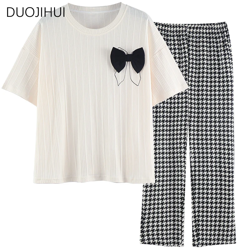 DUOJIHUI-Conjunto de pijamas soltos estilo coreano para mulheres, pulôver com decote em O, Calcina simples, roupa doméstica básica, cor de contraste, moda feminina, verão