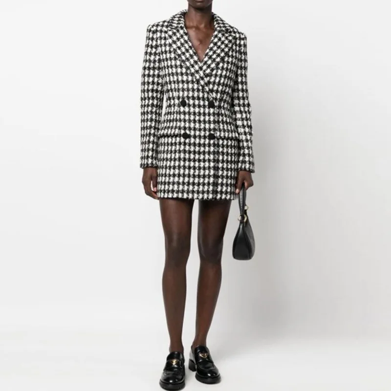 High End Suit Dress with Backless for Women 2025 New Party Long Sleeved Houndstooth Coarse Woolen Dress