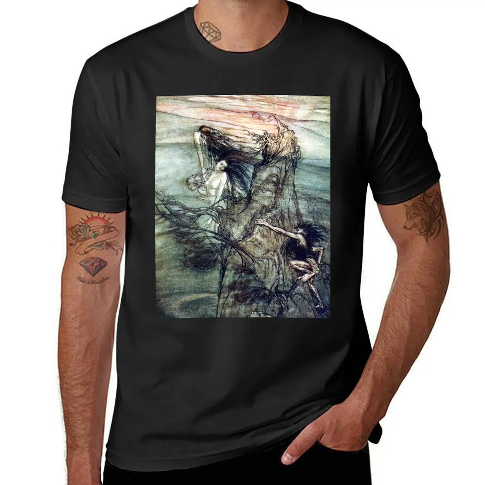 The Rhine Maidens tease Alberich - Arthur Rackham for The Ring of the Nibelung T-Shirt sweat sports fans t shirts for men cotton