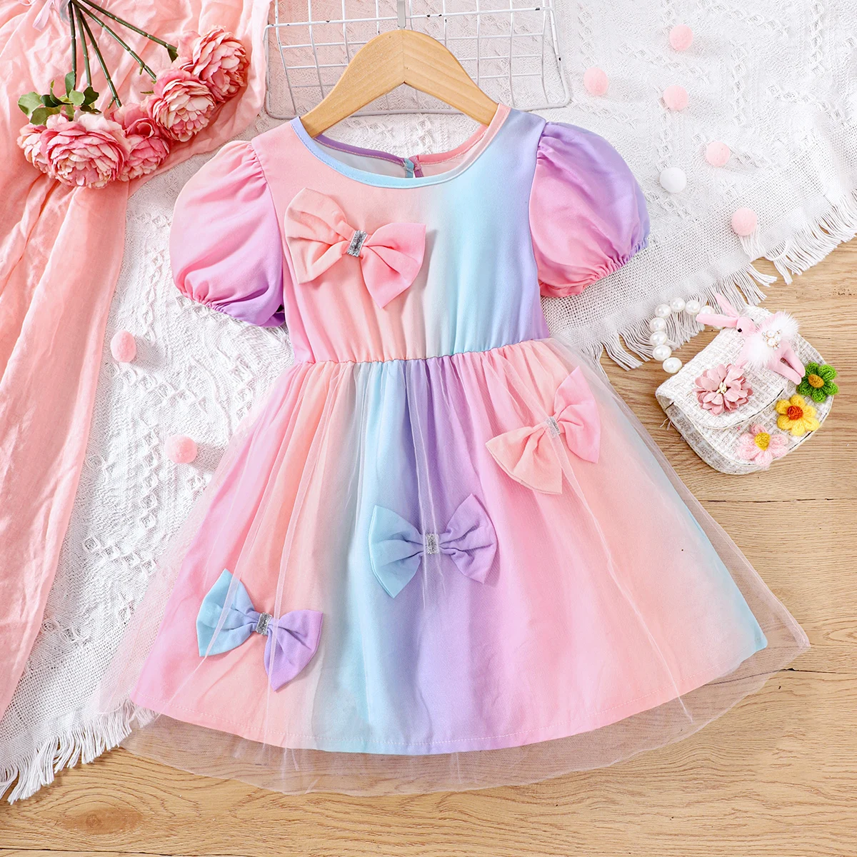 Summer New Leisure Fashion Gradient Bubble Sleeves Bow Colored Mesh Dress For Primary And Secondary School Girls