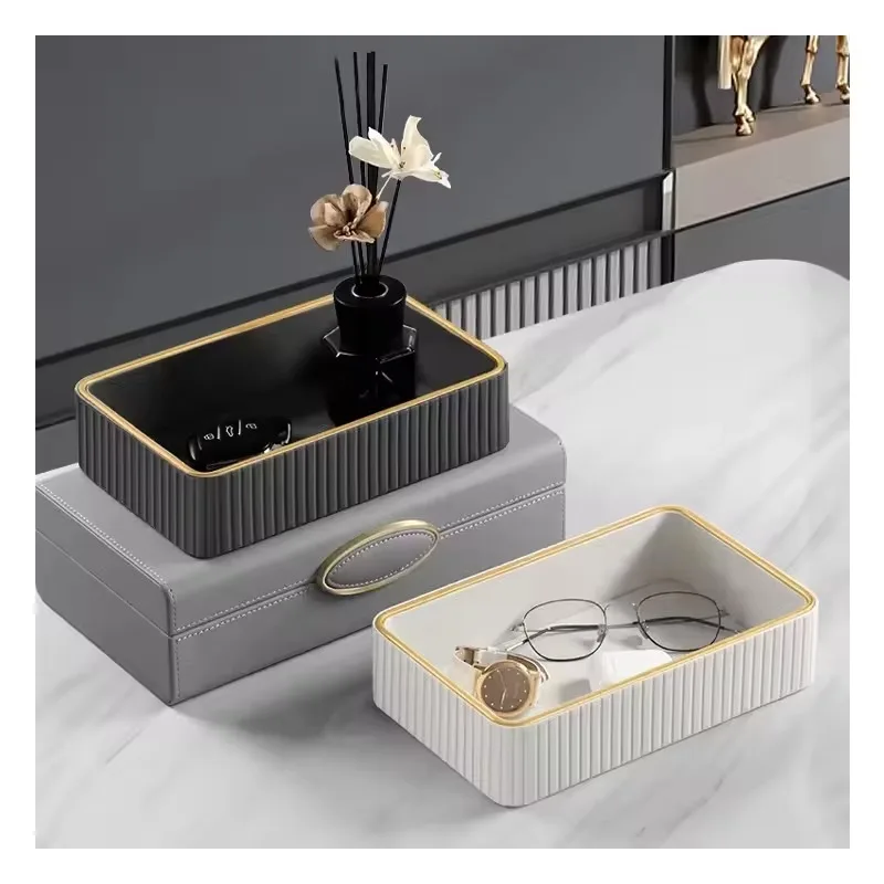 XMSJ Luxury Leather Desktop Storage Box Organizer Cosmetics Perfume Storage Box Decoration Leather Storage Tray