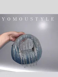 Fashion Blue Denim Hobo Bag Women's Handbag Luxury Glitter Diamond Tassel Evening Bag Wedding Party Clutch Purse Shoulder Bag