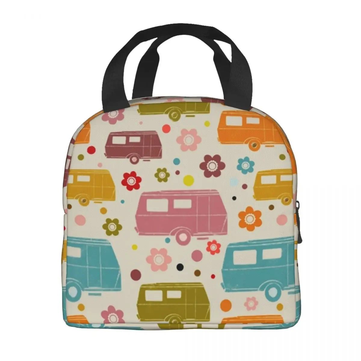 Colourful Vintage Caravans And Flowers Pattern Thermal Insulated Lunch Bags Women Happy Campers Portable Lunch Tote Food Box