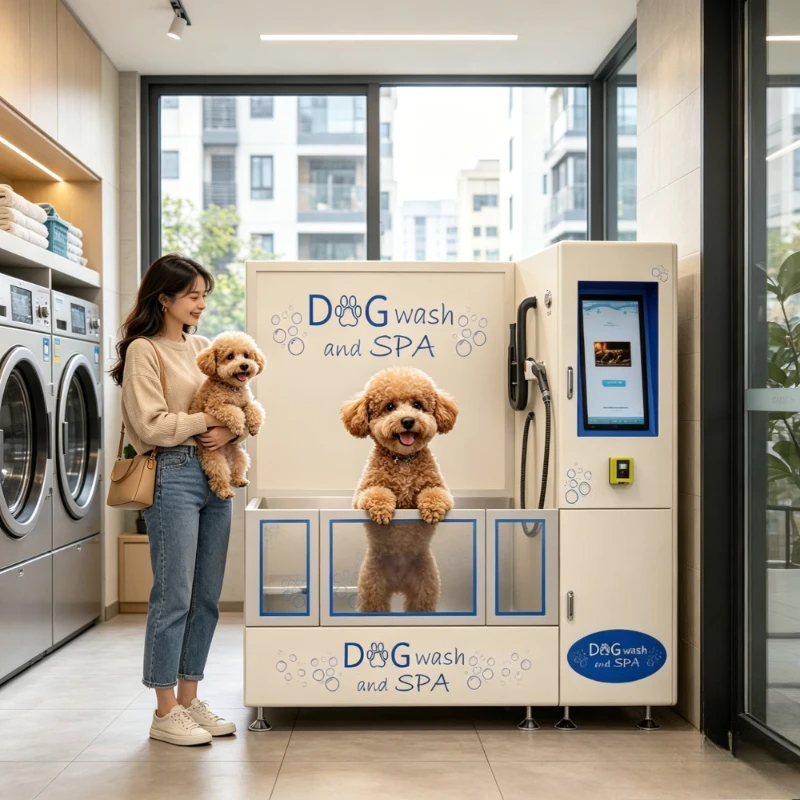 Self-Wash Pet Grooming Box, Digital Timer Washer Dryer Set, Foot-Pedal Activated Shampoo Rinse for Pet Shop Interior