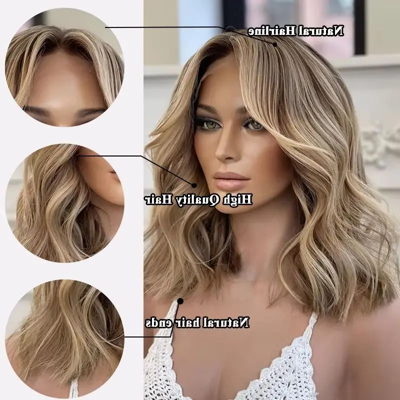 13x4 Short Body Wave Lace Front Wig Brown Blonde Highlight Synthetic Hair Wigs For Women Pre Plucked Virgin HD Lace Frontal Wig