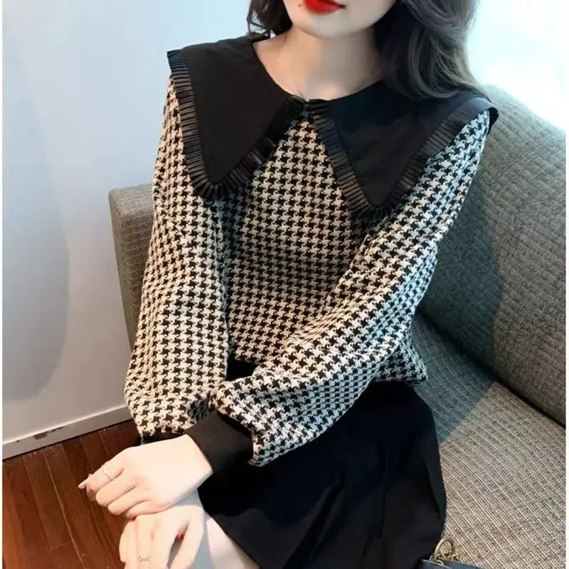

Women's Spring Autumn New Peter Pan Collar Long Sleeve Plaid T-Shirt Korean Retro Fashion Chic Plus Size Sweet Top