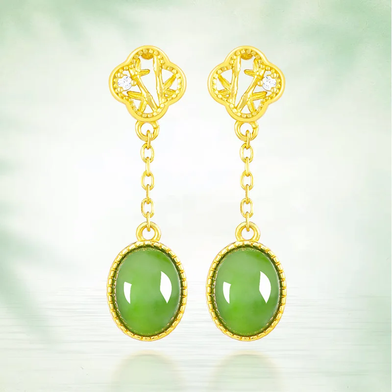 Anting wanita bahan lama hijau bayam alami, anting-anting Jasper giok S925 perak Jadeite Set perhiasan sederhana Drop Ship