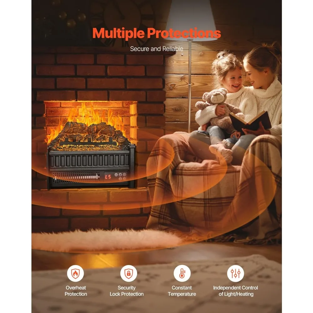 16-дюймовый электрический камин VEVOR с бревенчатым обогревателем, вставкой, пультом дистанционного управления, 5 регулируемыми яркостью пламени и таймером 24 часа