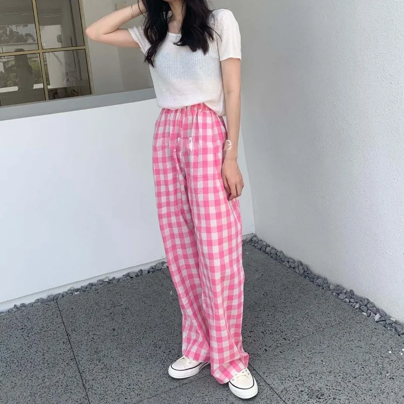 Checkered Solid Color Pockets Elastic High Waisted Casual Loose Women's Clothing Spring Autumn High Street Straight Pants