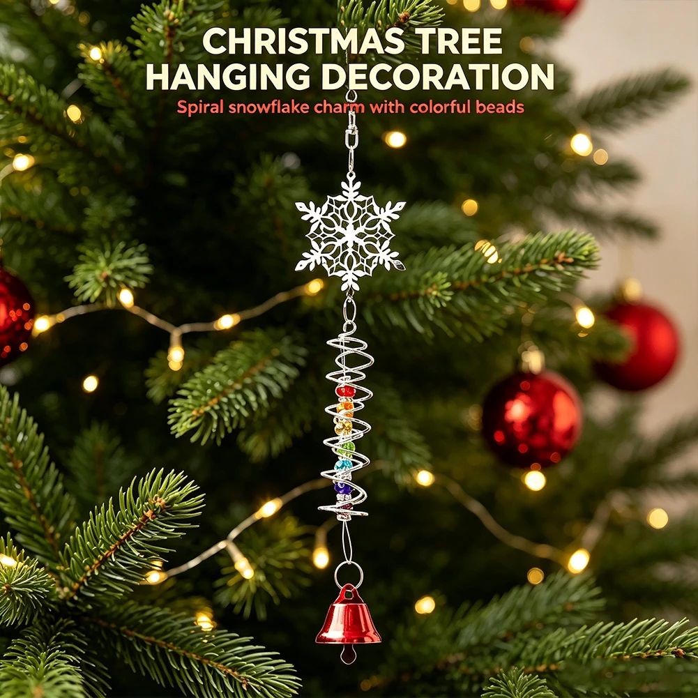 Snowflake Spiral Crystal Suncatcher Wind Chime Colorful Bead Red Bell Pendant Christmas Tree Window Garden Outdoor Hanging Decor