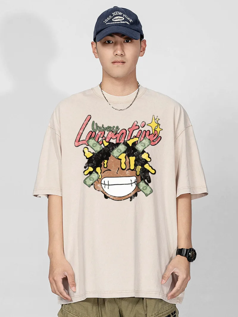 하라주쿠 남성용 오버사이즈 티셔츠, 헤비웨이트 워싱 만화 그래픽 티셔츠, 빈티지 티, 여름 힙합 하이 스트리트 스트리트웨어