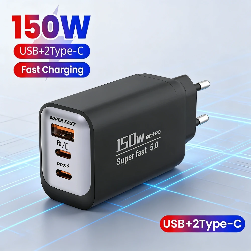 Cargador USB de 150W tipo C, adaptador de corriente de carga rápida para iPhone, Samsung, Xiaomi, Huawei, enchufe europeo/estadounidense/británico, cargador rápido