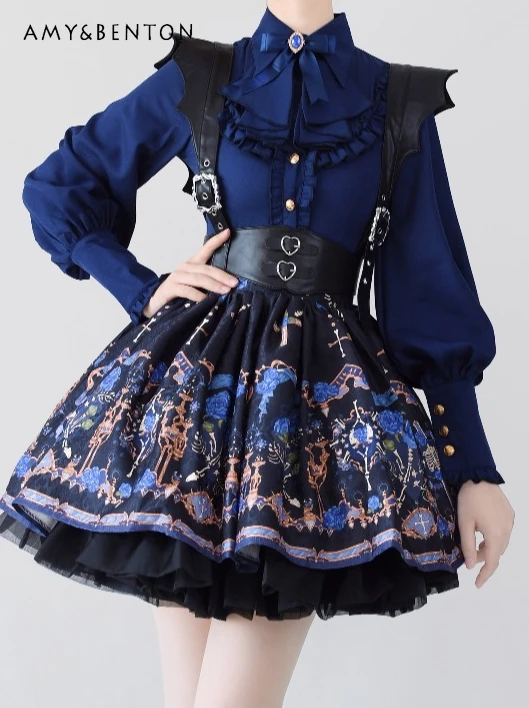

British Style Retro Lolita Chiffon Pointed Collar Ruffle Lantern Sleeve Elegant Slim Solid Color Versatile Inner Shirt for Women
