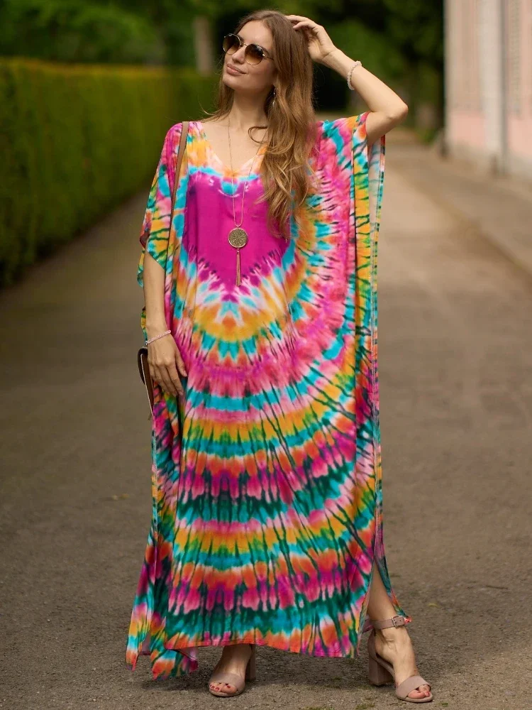 Women Kaftans Beach Cover Ups Heart Printed Summer Maxi Dresses Holiday Bathing Suits