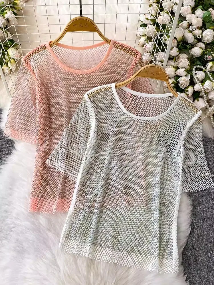 

Women T-Shirt 2025 New Mesh Diamonds Crystal Short Top Diamonds Super Fairy Inner Party Unlined Shiny Hollow Out Bottom Shirt