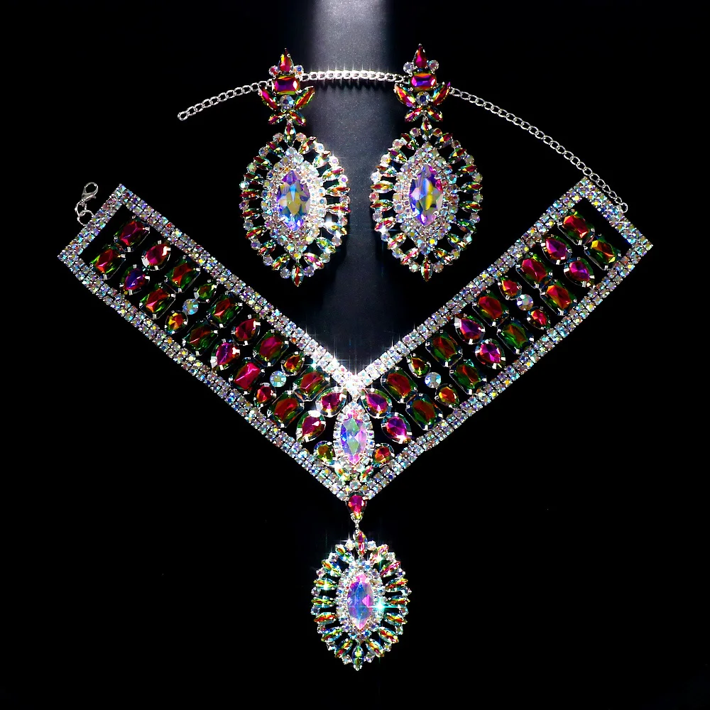 AB Colorful Rhinestone Exaggerated Jewelry Set Party Accessories Bridal Geometric Crystal Necklace Earrings Set for Women