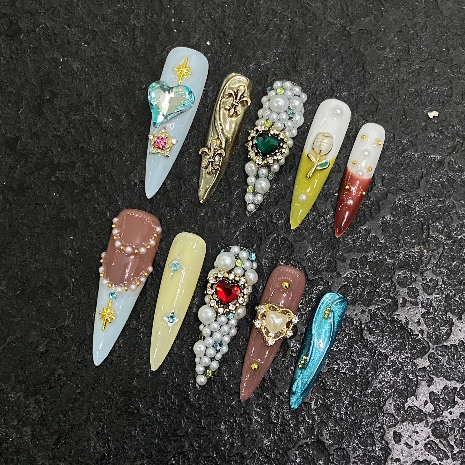 Macaron Palace Fairy Tale Dream Press On Nails Extra Long Stiletto 3D Pearl Cluster Vintage Crystal Metal Embossment Heavy Duty