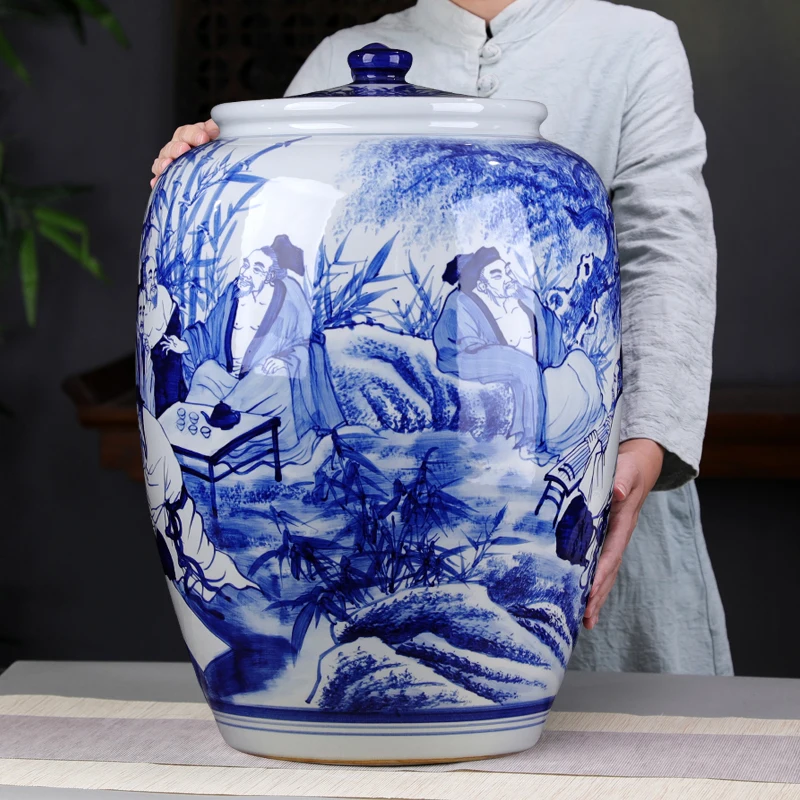 Hand-painted blue-and-white porcelain Pu  pot large bamboo forest seven sages super large jar