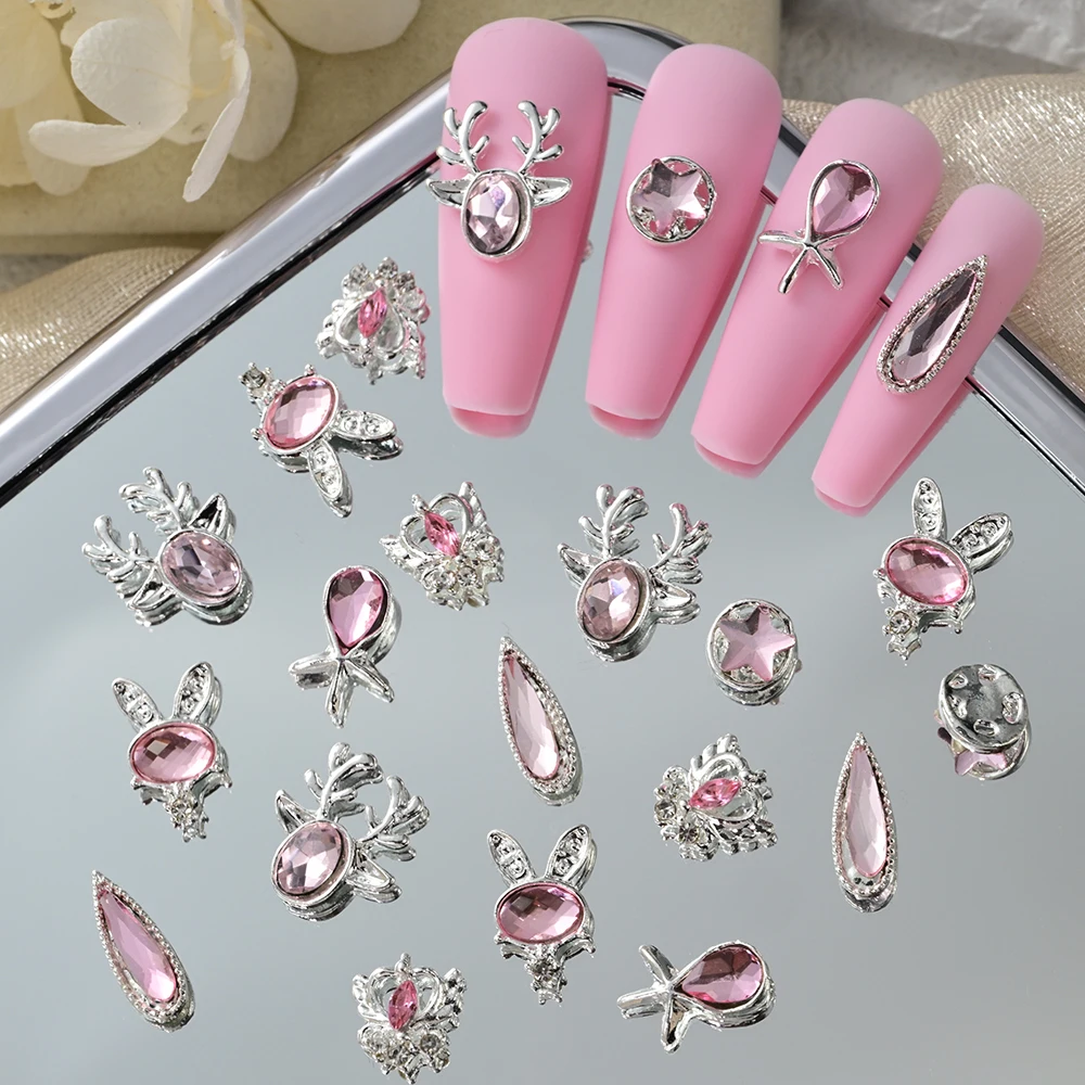 30Pcs 3D Pure Pink Waterdrop Star Diamond Nail Rhinestones Glitter Silver Heart Elk Rabbit Nail Charms DIY Manicure Accessories.