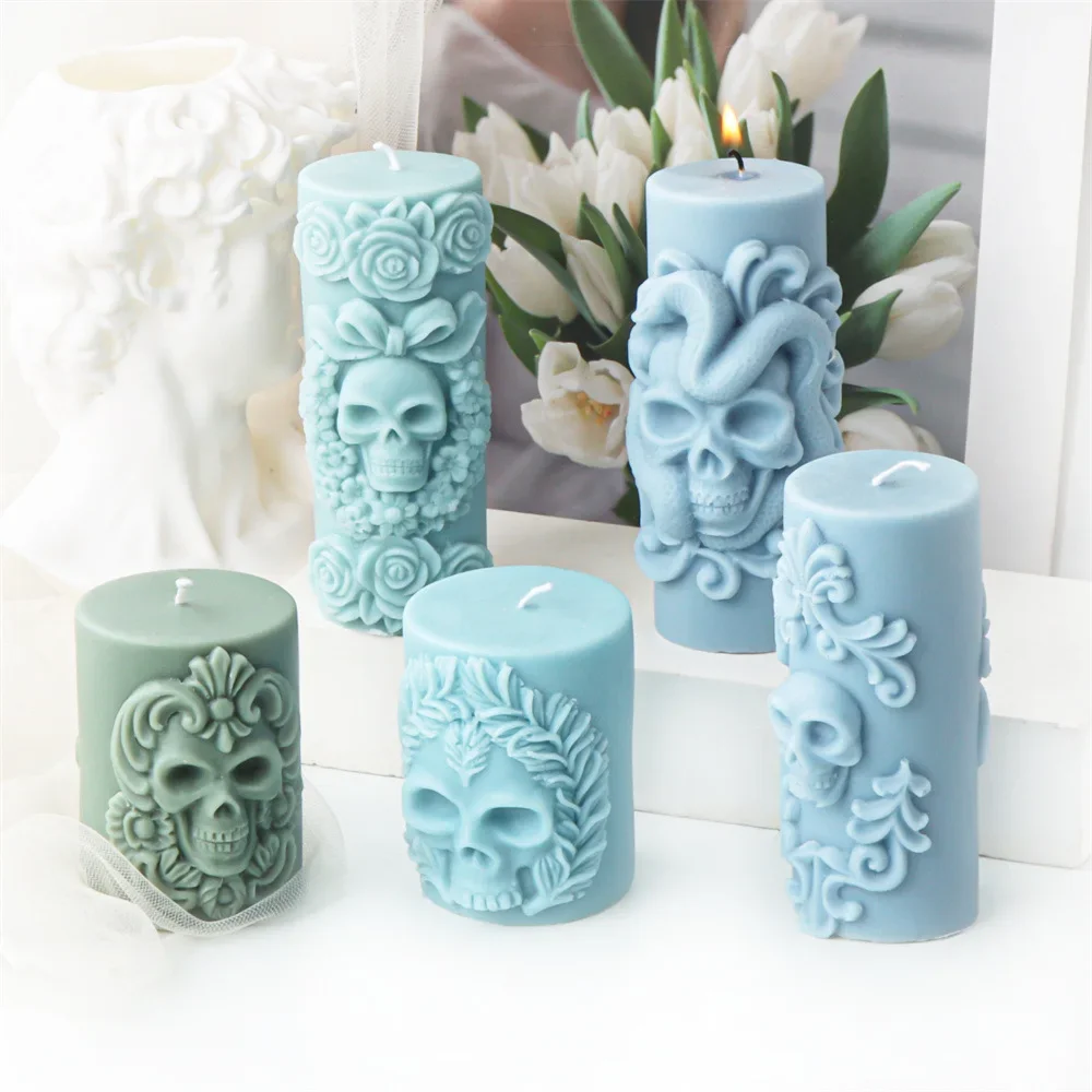 3D Skull Head Cylindrical Candle Silicone Mold Skull Head Snake Head Vine Flower Cylindrical Candle Silicone Mold Halloween Gift