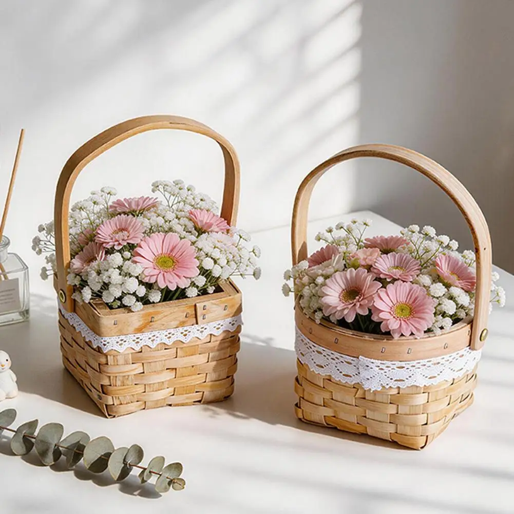 2026 Flower Basket, with Lace Decor, Hand-Woven Wicker Rattan Flower Basket, Wood Portable Floral Gift Basket