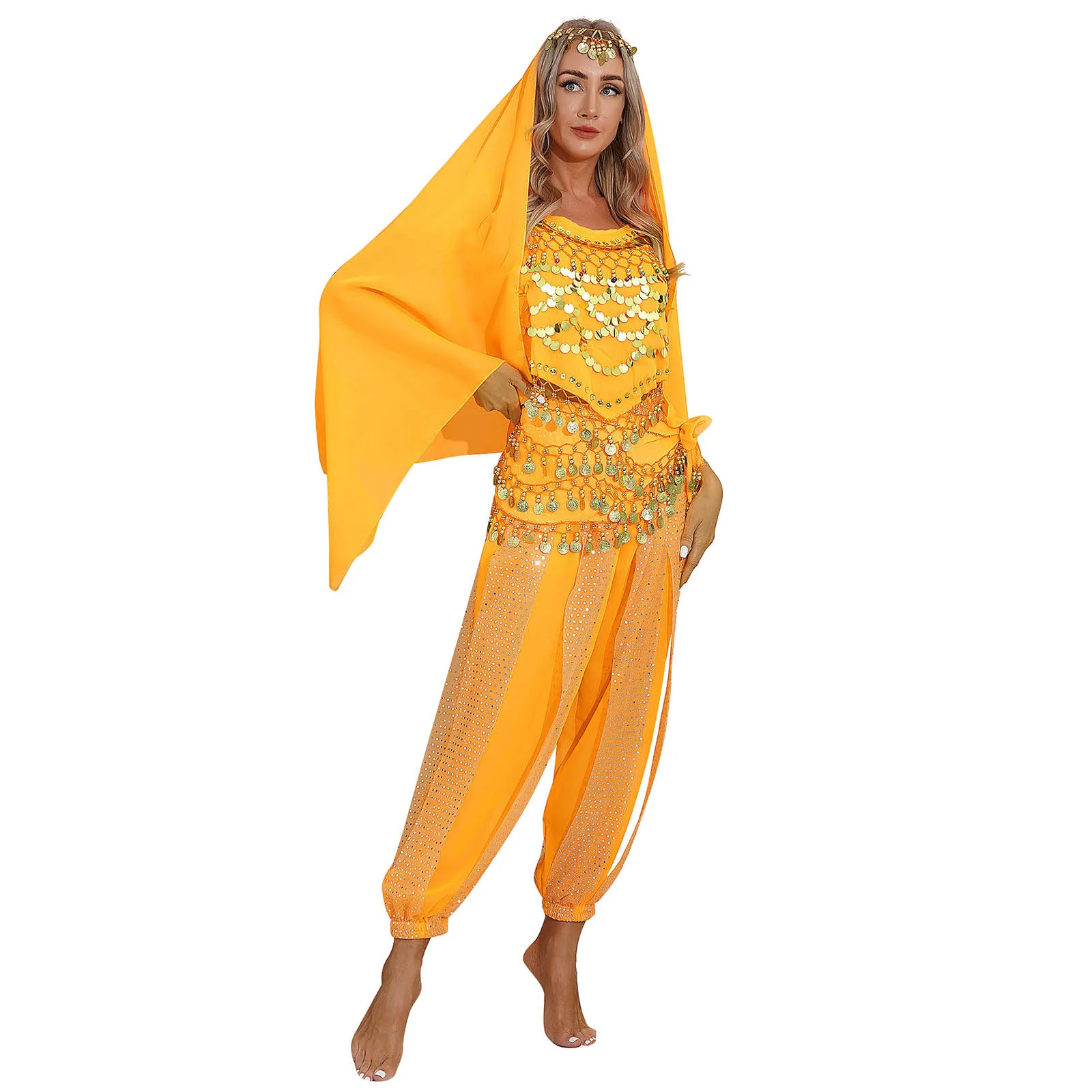 Donne Arabo Egitto Indiano Orientale Vestito di danza del ventre Costume di palissandro del ventre Top corto con paillettes con pantaloni Harem Sciarpa dell'anca Foulard