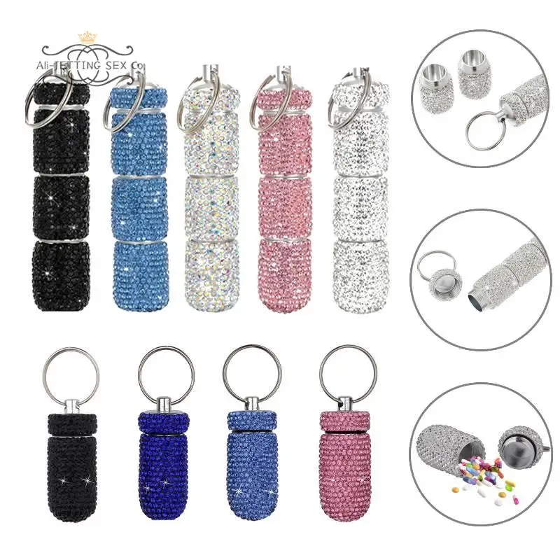 Bling Diamond Pill Case Medicine Storage Box Organizer Bottle with Keyring Portable Metal Rhinestone Pill Box for Travel