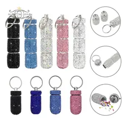 Bling Diamond Pill Case Medicine Storage Box Organizer Bottle with Keyring Portable Metal Rhinestone Pill Box for Travel