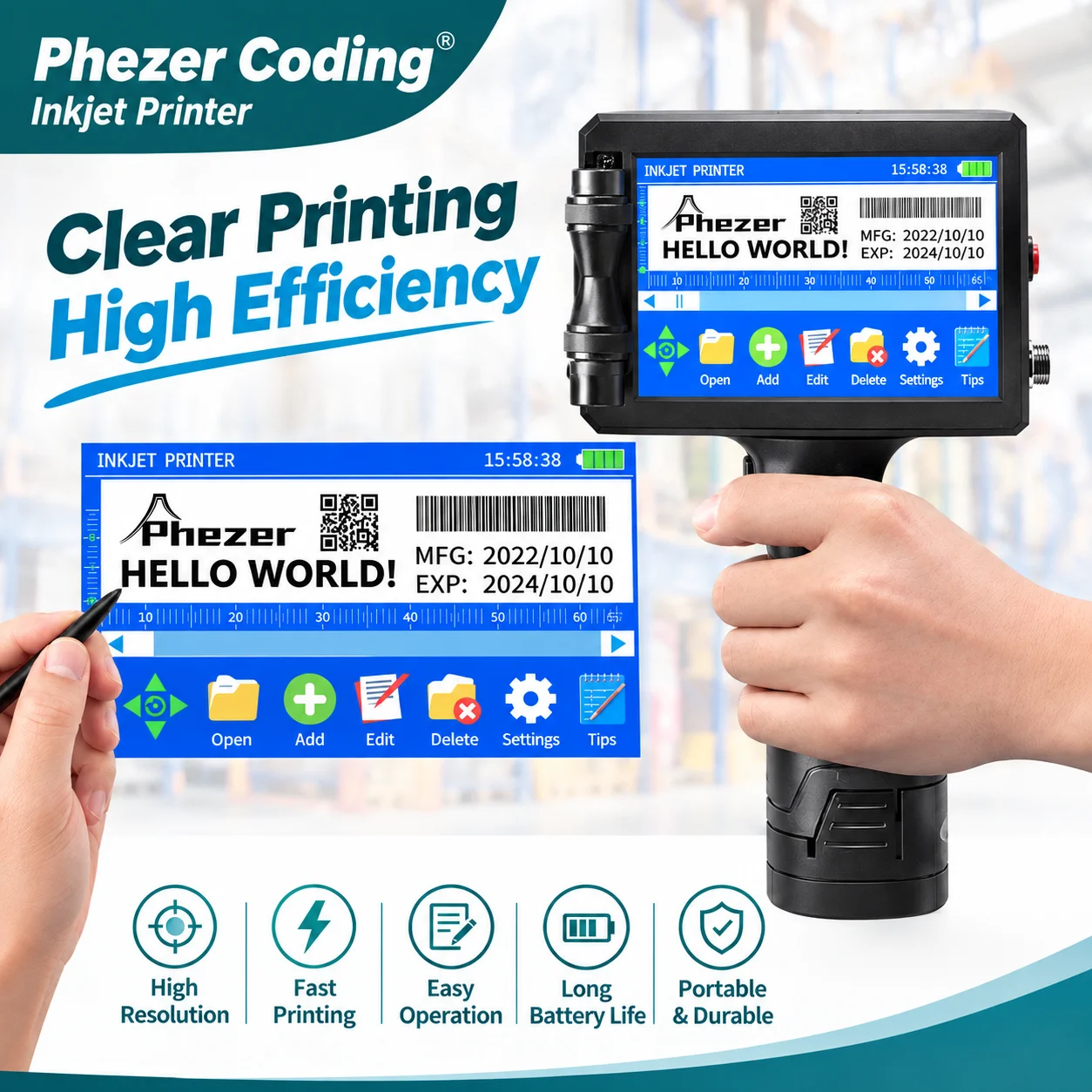 Barcode Label Printer Industrial - Printer Inkjet Portabel Phezer P15, Lebar
