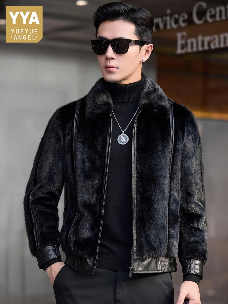

Luxury Mens Winter Real Mink Fur Jacket Slim Fit Spliced Goatskin Genuine Leather Coat Business Work Warm Down Jacket Overcoat