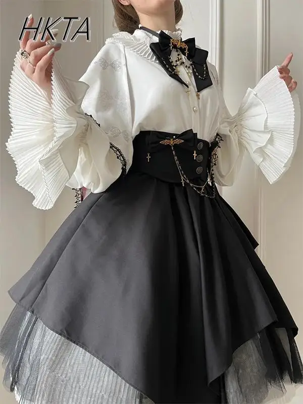 

Gothic Style Lolita Lantern Sleeve Shirt Blouse High Sense Y2k Top Spring Summer White Shirts Women High Waist Slim Black Skirt
