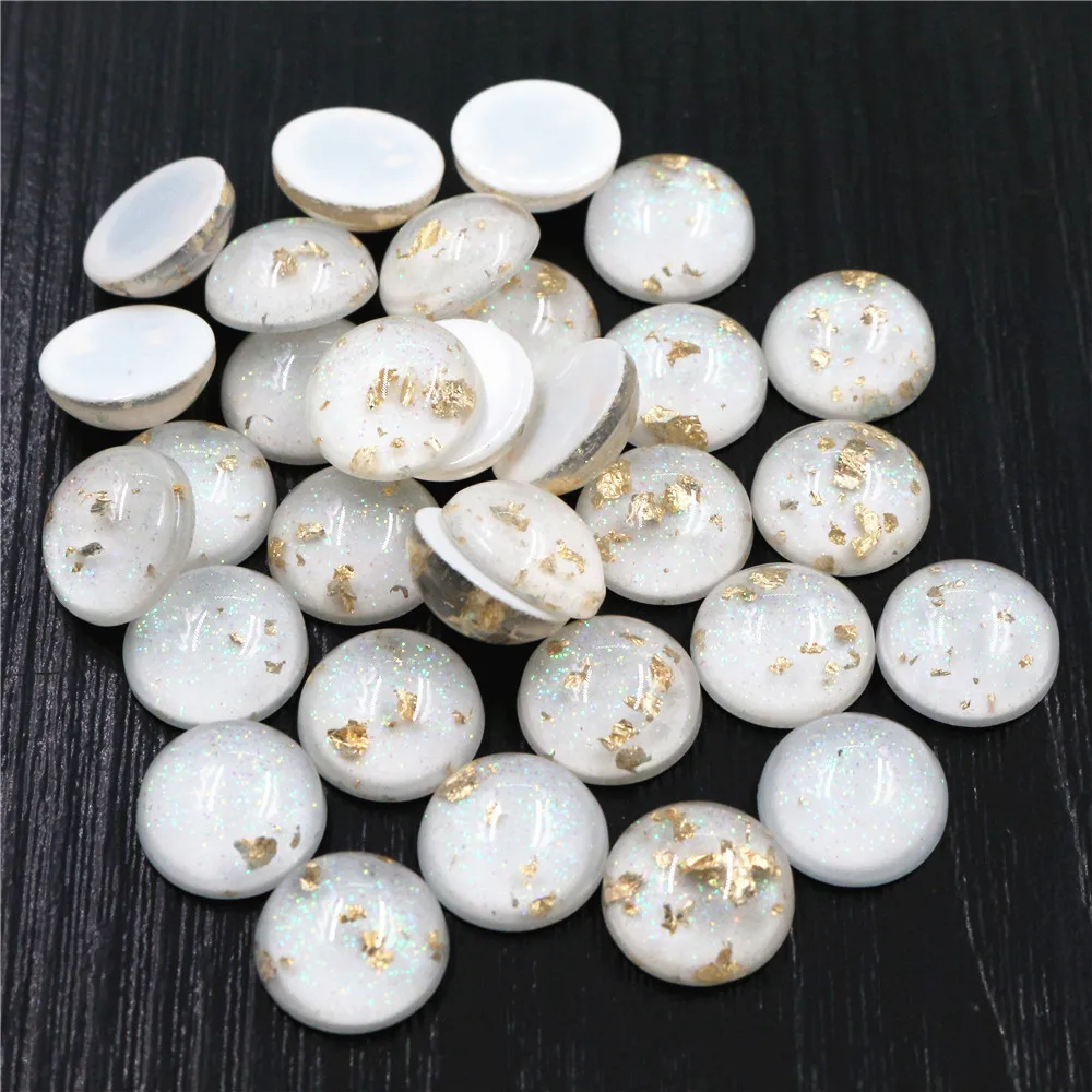 New Style 40pcs 12mm 10mm 8mm Black White Built-in Gold Color leaf Style Flat back Resin Cabochons Fit 8-12 mm Cameo Cabochons